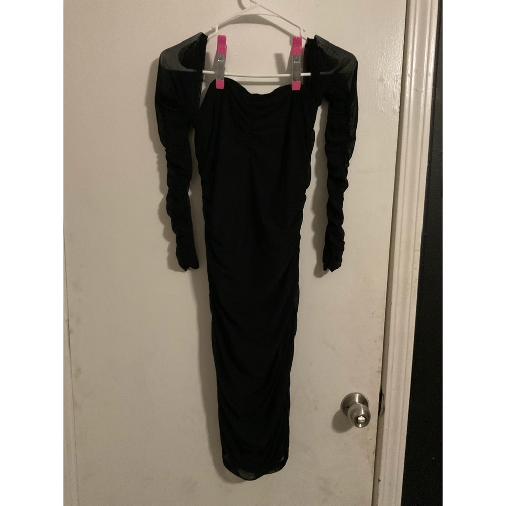 ECHOINE Women's Off Shoulder Bodysuit Mesh See Through Long Sleeve Midi Dress